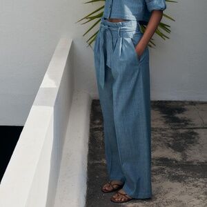 Zara - Wide Leg Belted Pants - Light Blue M